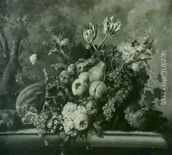 Corbeilles De Fruits Et De Fleurs Sur Un Entablement De     Pierre Oil Painting - Jan Frans Van Dael