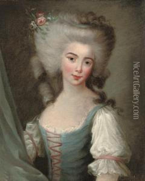 Portrait Of A Lady, Half-length, In A Blue Bodice With Pinkribbons, Flowers In Her Hair Oil Painting - Jean-Frederic Schall
