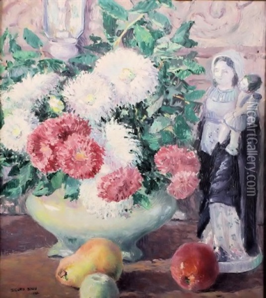 Floral Still Life With Figurine Oil Painting - Sigurd Skou