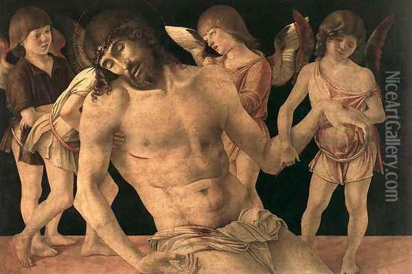 Dead Christ Supported by Angels (Pietà) c. 1474 Oil Painting - Giovanni Bellini