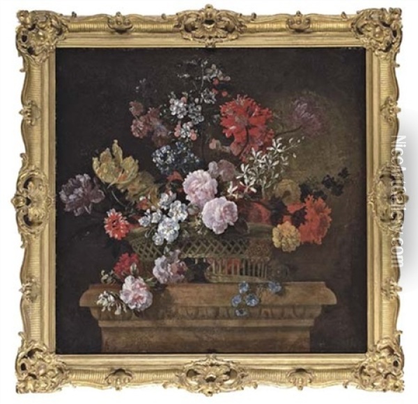Roses, Convolvulus, Spider Lilies, Parrot Tulips, A Peony And Other Flowers In A Basket On A Pedestal Oil Painting - Jean-Baptiste Monnoyer