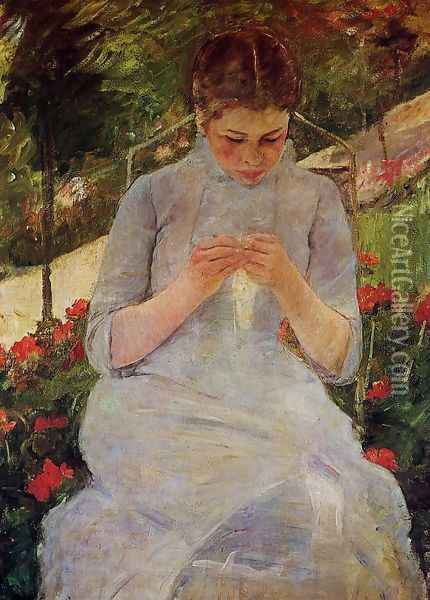 Young Woman Sewing in the garden, c.1880-82 Oil Painting - Mary Cassatt