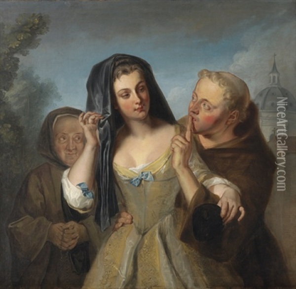 The Secret: A Young Woman, Accompanied By Her Duenna, With A Monk Oil Painting - Philip Mercier