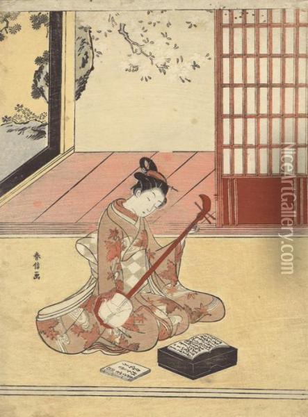 A Woman Playing A Shamisen Oil Painting - Suzuki Harunobu