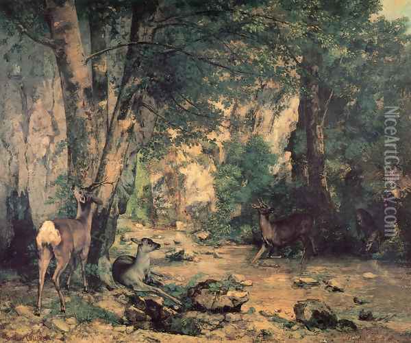 A Thicket of Deer at the Stream of Plaisir-Fountaine Oil Painting - Gustave Courbet