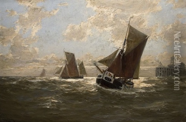 Segelschiffe An Der Mole Oil Painting - Erwin Carl Wilhelm Guenther