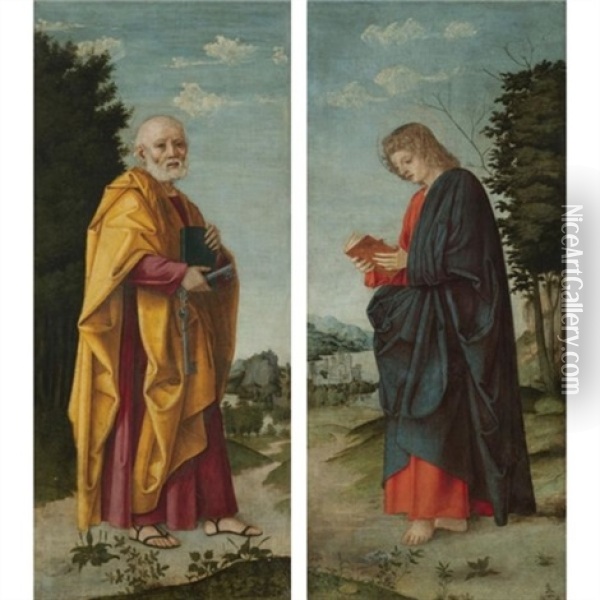 Saint Peter In A Landscape (+ Saint John The Evangelist In A Landscape; Pair) Oil Painting - Girolamo dai Libri