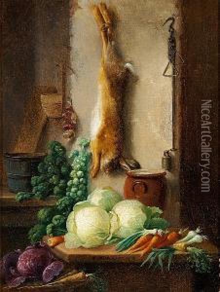 Four Still Lives Respectively With Game, Fish, Vegetables And Meat Oil Painting - Christian Andreas Schleisner