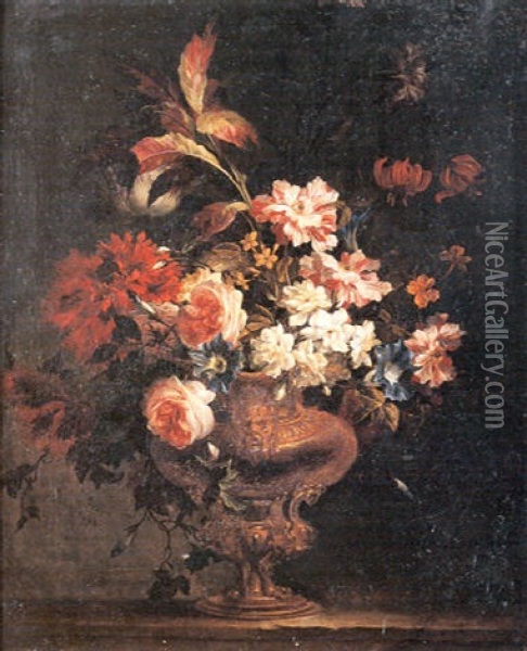 Bouquet De Fleurs Dans Un Vase Sculpte Sur Un Entablement Oil Painting - Jean-Baptiste Belin de Fontenay the Elder