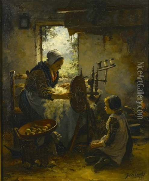A Mother And Child At A Spinning Wheel Oil Painting - Johannes Weiland