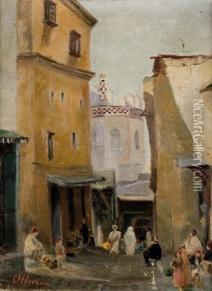 Rue Animee, Mosquee A Tunis Oil Painting - Georges Olivier