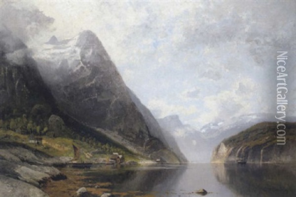 Grose Norwegische Fjordlandschaft Mit Schiffen Und Einem Kleinen Hafen (sognefjord) Oil Painting - Adolf Gustav Schweitzer