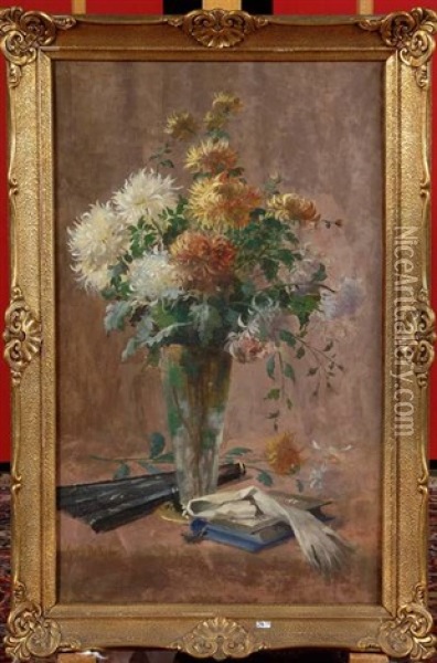 Vase De Chrysanthemes Oil Painting - Marie De Bievre