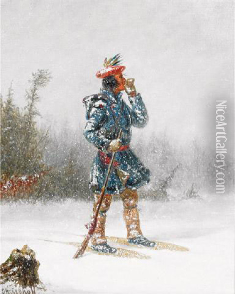 Indian Hunter On Snowshoes Oil Painting - Cornelius Krieghoff