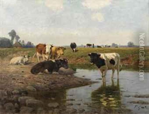Cows In The Meadow Oil Painting - Greben