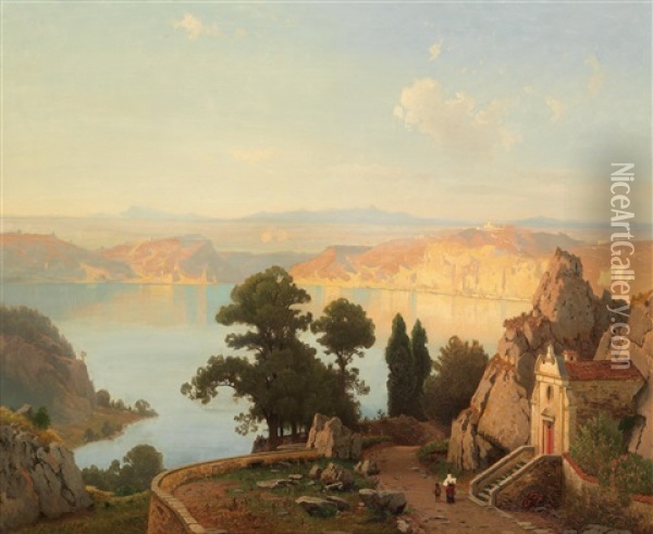 View Of The Lago Di Nemi Near Rome Oil Painting - Carl Gustav Rodde