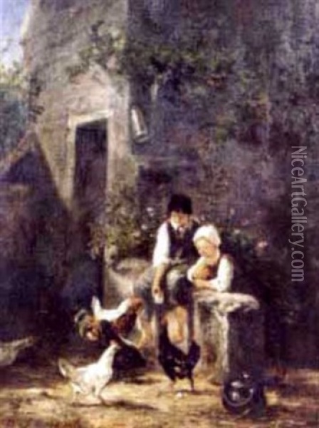 A Farmyard Scene With Figures And Poultry Oil Painting - Charles Emile Jacque
