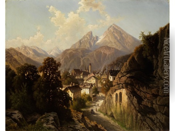 Ansicht Von Berchtesgaden Oil Painting - Theodor (Wilhelm T.) Nocken