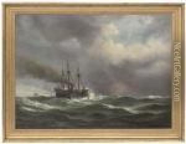 A Paddle Steamer In Heavy Seas, A Ship Beyond Oil Painting - Anton Melbye