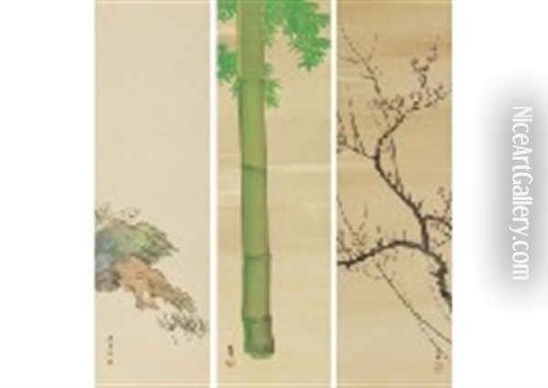 Shochiku Meiyuki Figure (three Width Pair) Oil Painting - Shunkyo Yamamoto