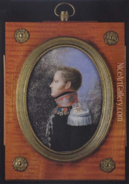 Portrait Of His Imperial Highness The Grand Duke Mikhail Pavlovich, Aged 24, Wearing Uniform, Black Coat With Red Pipping, Red Collar And Various Medals And Orders Oil Painting - Peter Ernst Rockstuhl