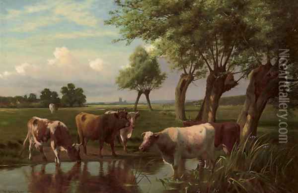 Cattle watering in a summer landscape Oil Painting - William Sidney Cooper
