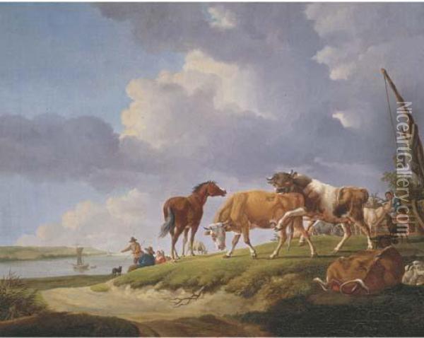 A River Bank With Herdsmen Resting And Tending Their Cattle Oil Painting - Jacob Van Stry