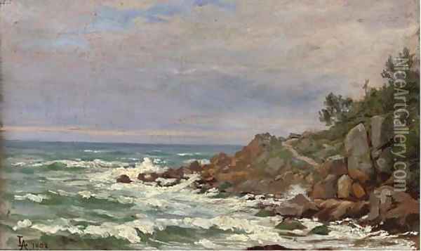 Waves breaking off the coast Oil Painting - French School