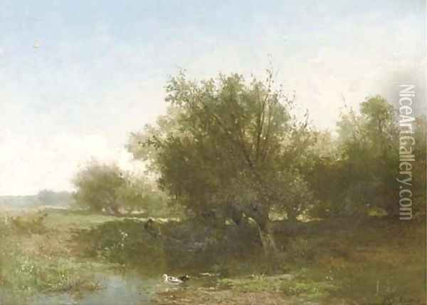 An angler in a summer landscape Oil Painting - Johannes Warnardus Bilders
