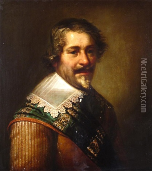Portrait Of A Gentleman, Head And Shoulders, Wearing A Buff Tunic And A Green Sash Oil Painting - Jan van Miereveld