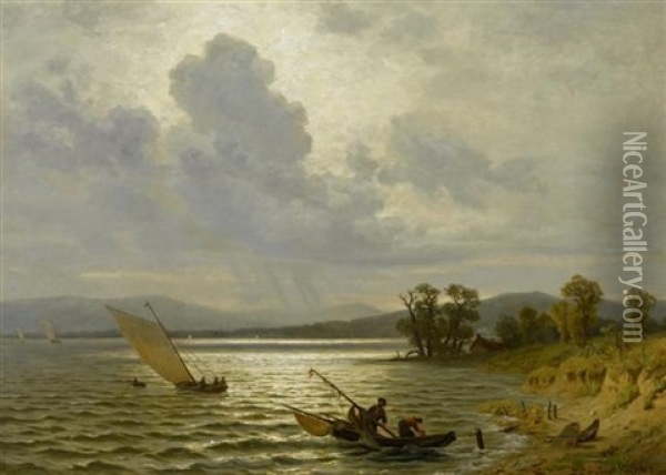 Fischerpaar In Einem Boot In Einer Weiten Kustenlandschaft Oil Painting - Gustav Friedrich Wilh. Richter