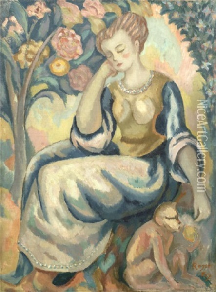 Woman And A Monkey In A Garden Oil Painting - Roger Fry