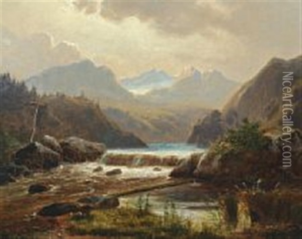 A South German Mountian Scene With River Oil Painting - Niels Simonsen