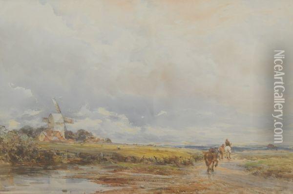 Landscape View With Windmill And Horses Oil Painting - Claude Hayes