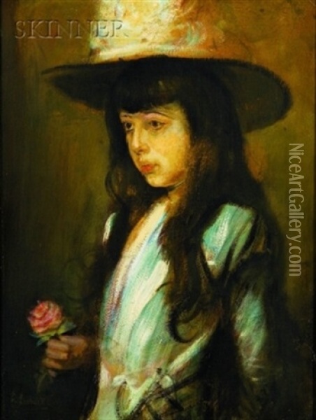 Girl With A Rose - A Sketch Of Estelle Guturllig Oil Painting - Franz Seraph von Lenbach