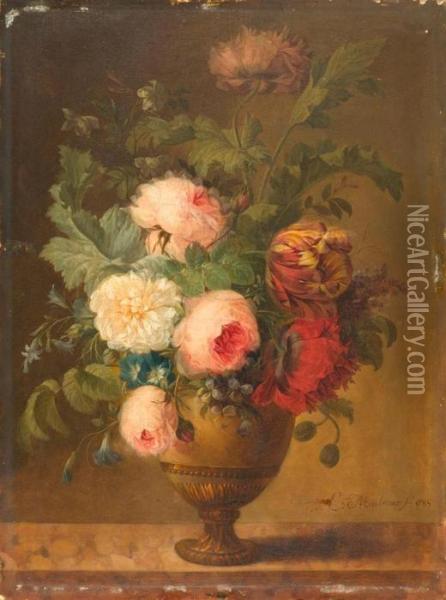 Bouquet Of Flowers In A Vase On A Stone Slab Oil Painting - Joseph Laurent Malaine