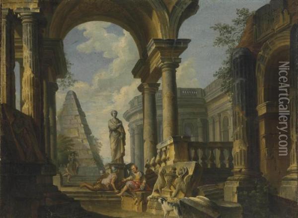 A Capriccio Of Roman Ruins With Soldiers Resting In The Foreground Oil Painting - Giovanni Niccolo Servandoni