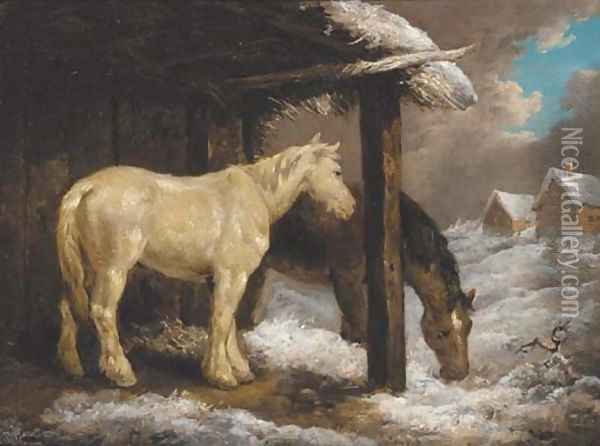 Ponies by a byre in a winter landscape Oil Painting - George Morland