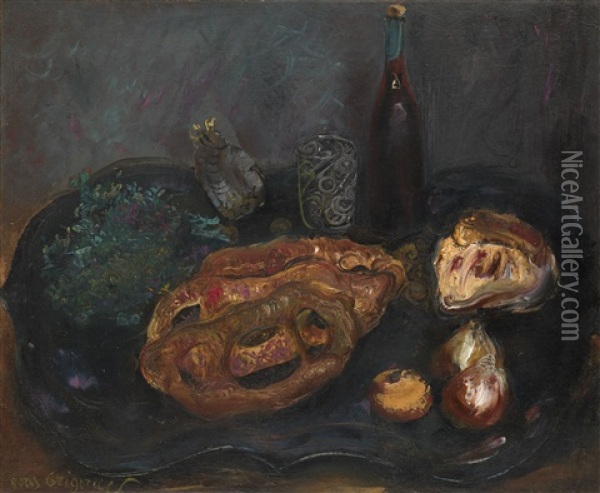 Still Life With Bread And Onions Oil Painting - Boris Dmitrievich Grigoriev