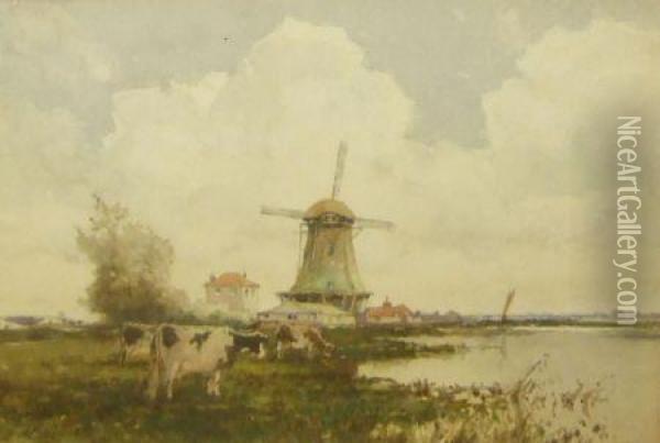 Dutch Canal Scene With Cattle Grazing In Foreground Oil Painting - James Robertson Miller
