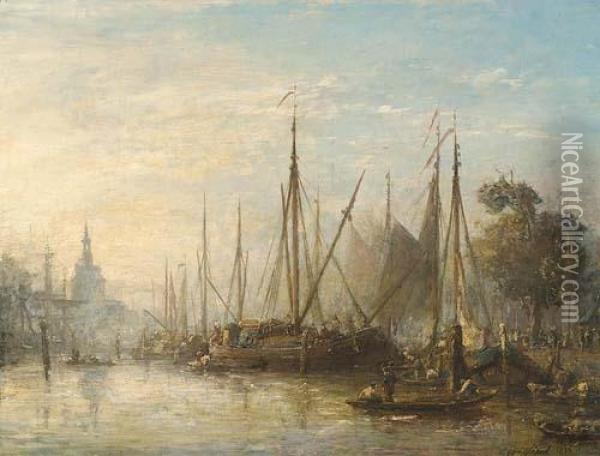 Le Port De Rotterdam Et Le Hoofdpoort. 1856 Oil Painting - Johan Barthold Jongkind
