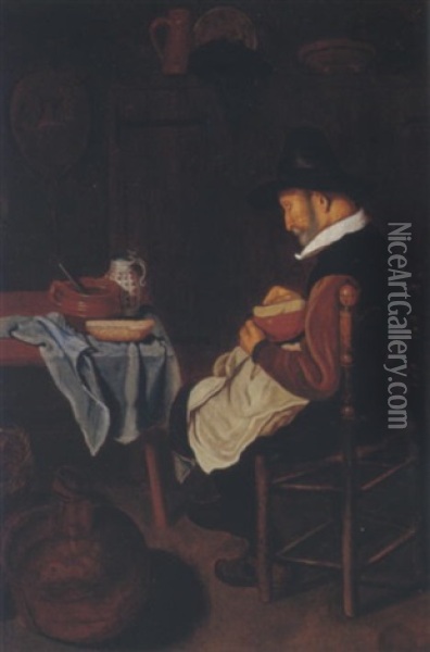 Kitchen Interior With A Man Preparing A Meal Oil Painting - Quiringh Gerritsz van Brekelenkam