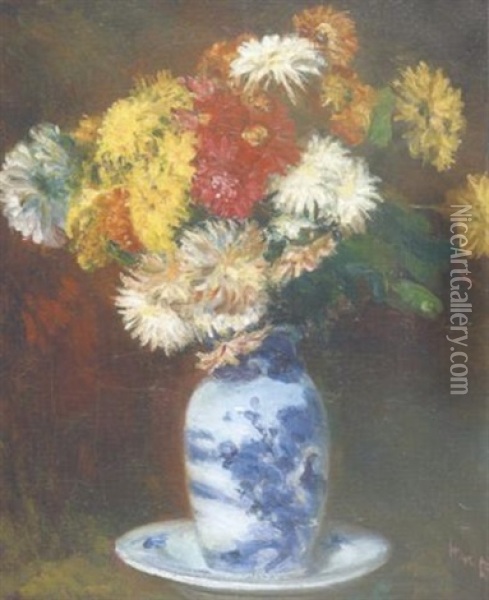 A Still Life With Chrysanthemums Oil Painting - George Leslie Hunter