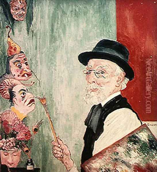 Self Portrait with Masks. 1936 Oil Painting - James Ensor