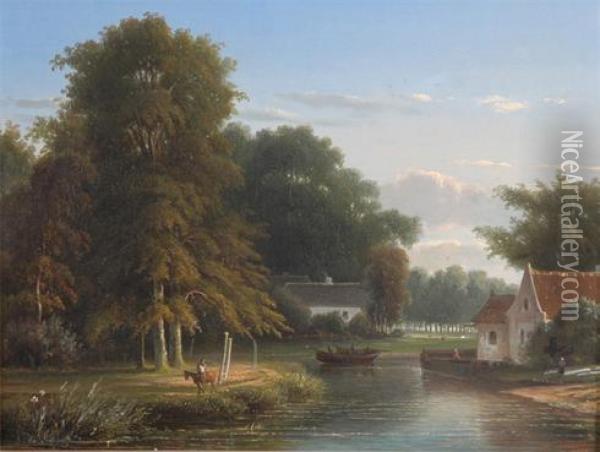 River Landscapes With Figures In A Boat Beside A Church Oil Painting - Jacobus Johannes Cremer