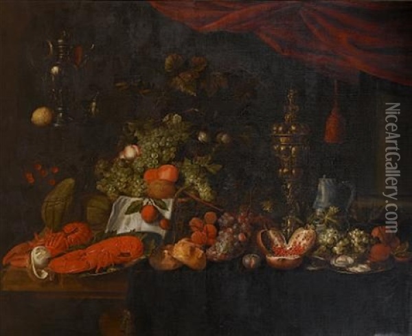 A Still Life Of Pewter Dishes Of Lobsters And Oysters, A Silver Gilt Covered Cup, Grapes, Pomegranates And Bread Rolls On A Draped Table, With A Basket Of Grapes And Peaches Oil Painting - Jan Pauwel Gillemans The Elder