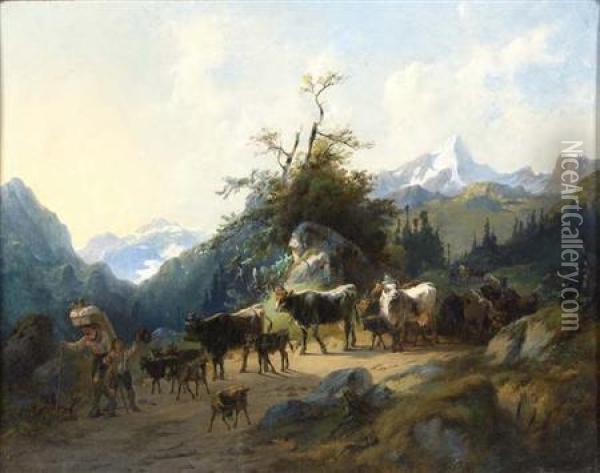 An Alpine Pass With Goat And Cowherd Oil Painting - Alfred Gerasch