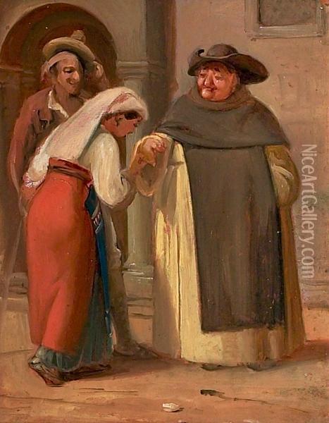 Italian Girl Kisses The Father On His Hand. Unsigned Oil Painting - Wilhelm Marstrand