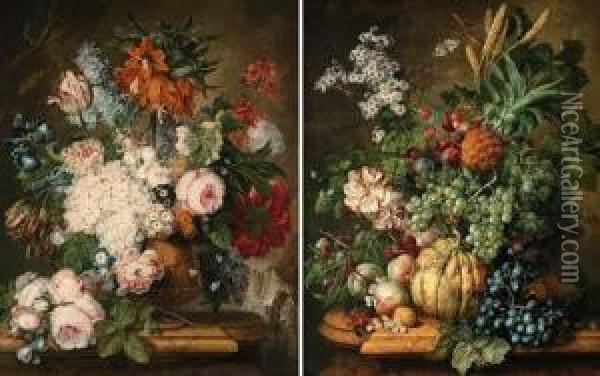 A Crown Imperial Lily, Tulips, 
Hydrangea, Lilac, An Iris, Paeonies, Auricola, Convolvuli And Other 
Flowers In An Urn With A Spray Of Roses On A Marble Pedestal; And 
Grapes, Plums, Wild Strawberries, Daisies, Roses, And Corn In A Basket 
With A Melo Oil Painting - Johannes or Jacobus Linthorst