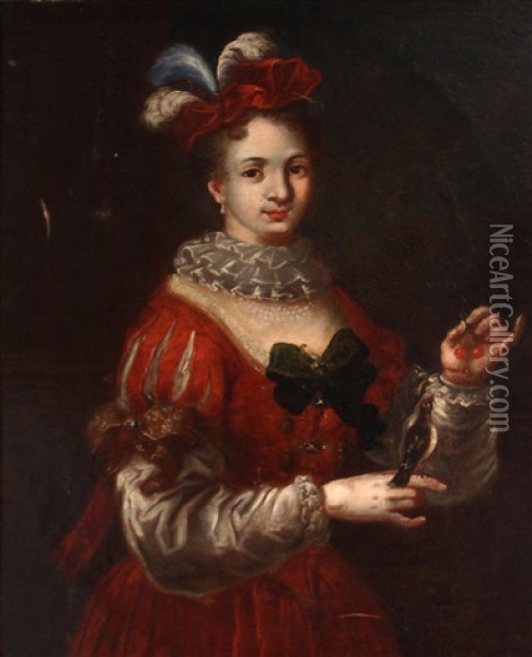 A Portrait Of A Noblewoman With Her Pet Bird Oil Painting - Alexis Grimou